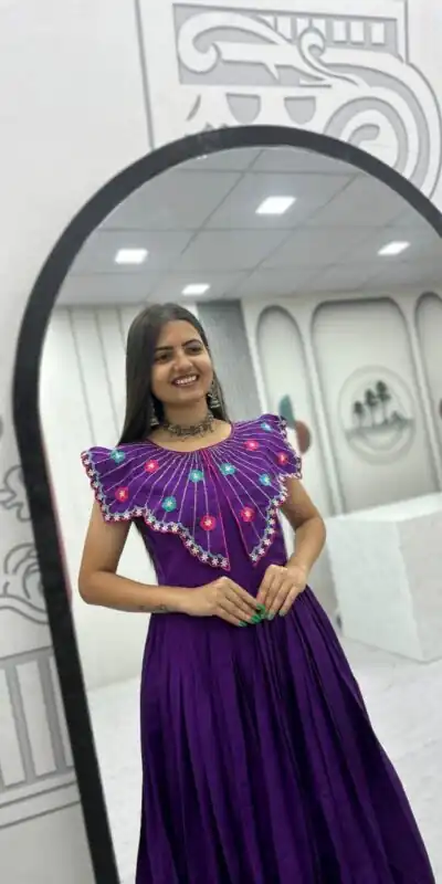 PC 571 Purple Roman Silk Gown with Mirror Work & Embroidery Work. Special Price ₹2099. Delivery 4-6 Working Days. Shop now. | Gowns, Bollywood Gowns, Creative Gowns, Designer Gowns, Embroidered Gowns, Party Wear Gowns