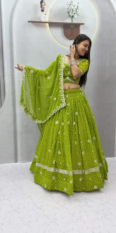 PC 602 Parrot Green Faux Georgette Lehenga Choli with Embroidery Work & Lace Work. Special Price ₹3149. Delivery 4-6 Working Days. Shop now. | Lehenga, Bollywood Lehenga, Creative Lehenga, Designer Lehenga, Embroidered Lehenga, Party Wear Lehenga