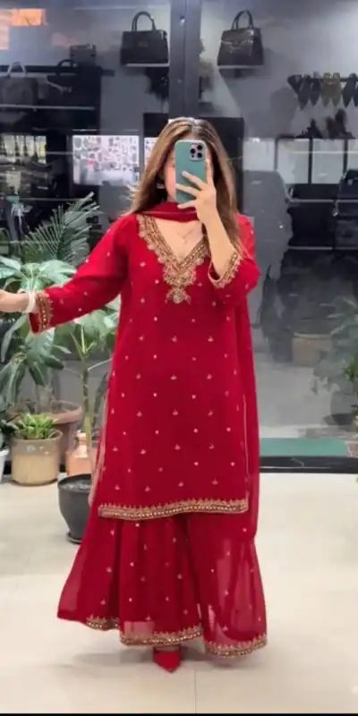 DB 21 Red Faux Georgette Salwar Suit with Mirror Work & Embroidery Work. Get it for ₹2049. Delivery 4-6 Working Days. Shop now. | Jump Suits, Salwar suit, Casual Suits, Creative suits, Designer Suits, Palazzo Suits, Party Wear Suits, Patiala Suits, Straight Suits