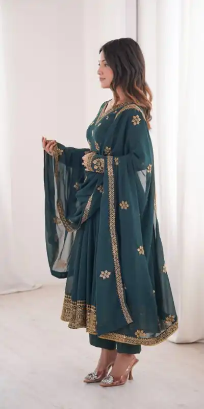 SP 104 Teal| Faux Georgette Salwar Suit with Lace Work & Digital Print. Introductory Price ₹2799. Delivery 4-6 Working Days. Shop now. | Anarkali Suits, Bollywood Anarkali, Creative-Anarkali, Designer Anarkali, Embroidered Anarkali, Party Wear Anarkali