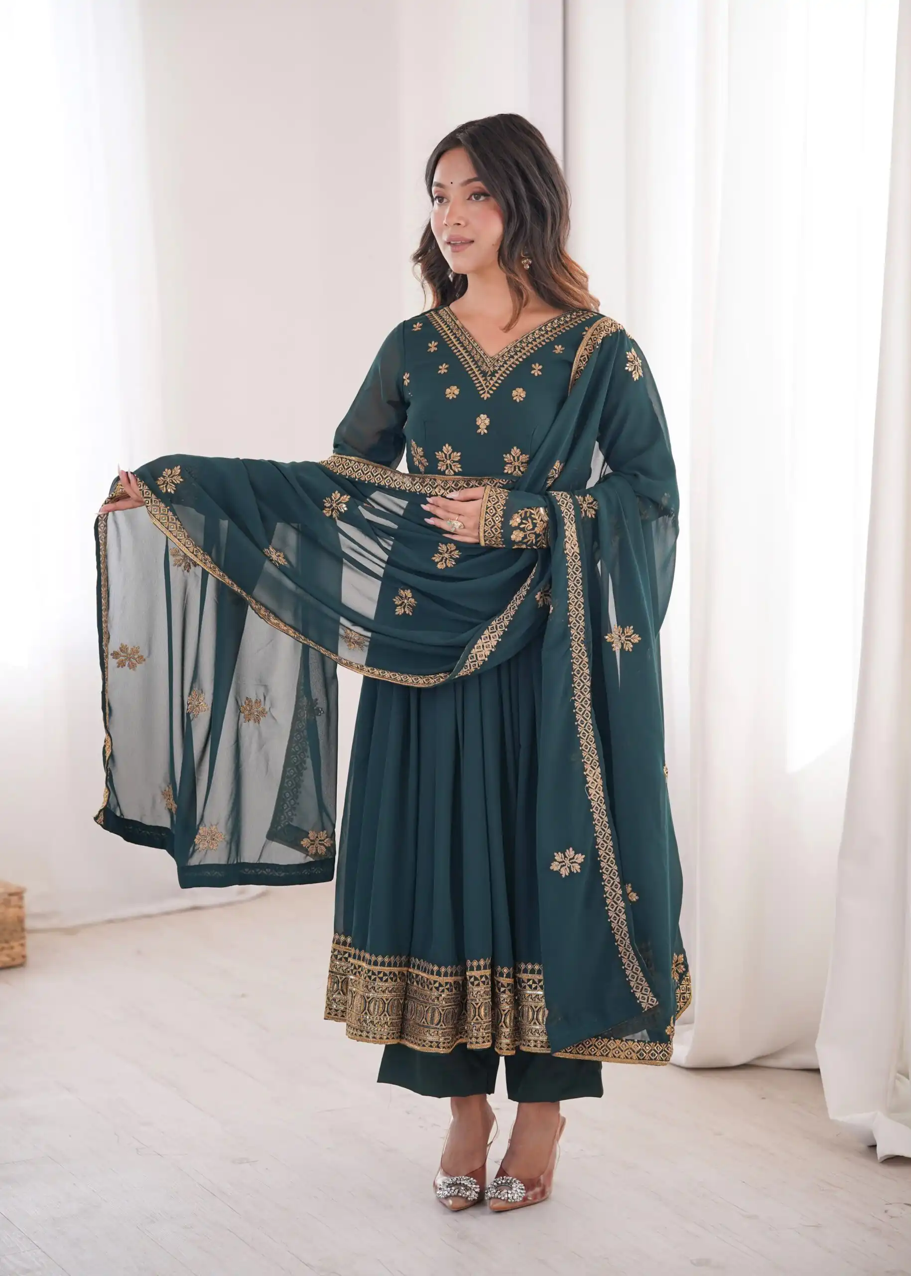 SP 104 Teal| Faux Georgette Salwar Suit with Lace Work & Digital Print. Introductory Price ₹2799. Delivery 4-6 Working Days. Shop now. | Anarkali Suits, Bollywood Anarkali, Creative-Anarkali, Designer Anarkali, Embroidered Anarkali, Party Wear Anarkali