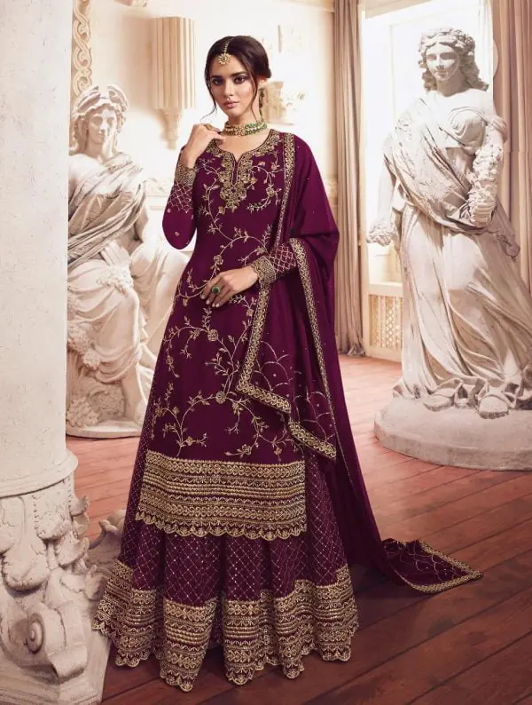 Adorable Wine Color Georgette With Embroidery Sharara Suit