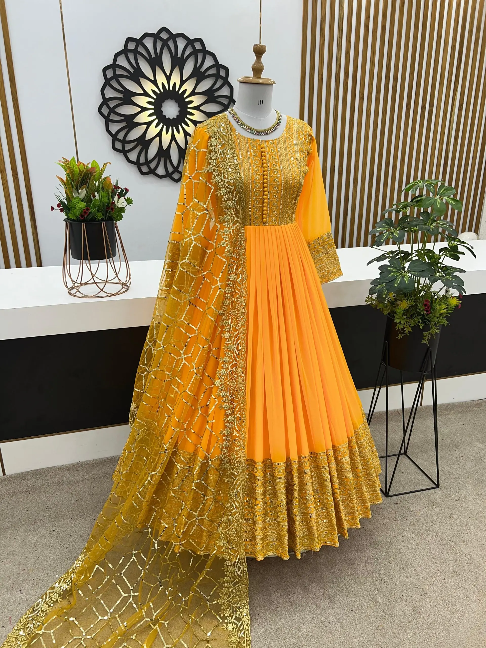 Elegant Yellow Color Georgette Embroidery Sequence Work Gown