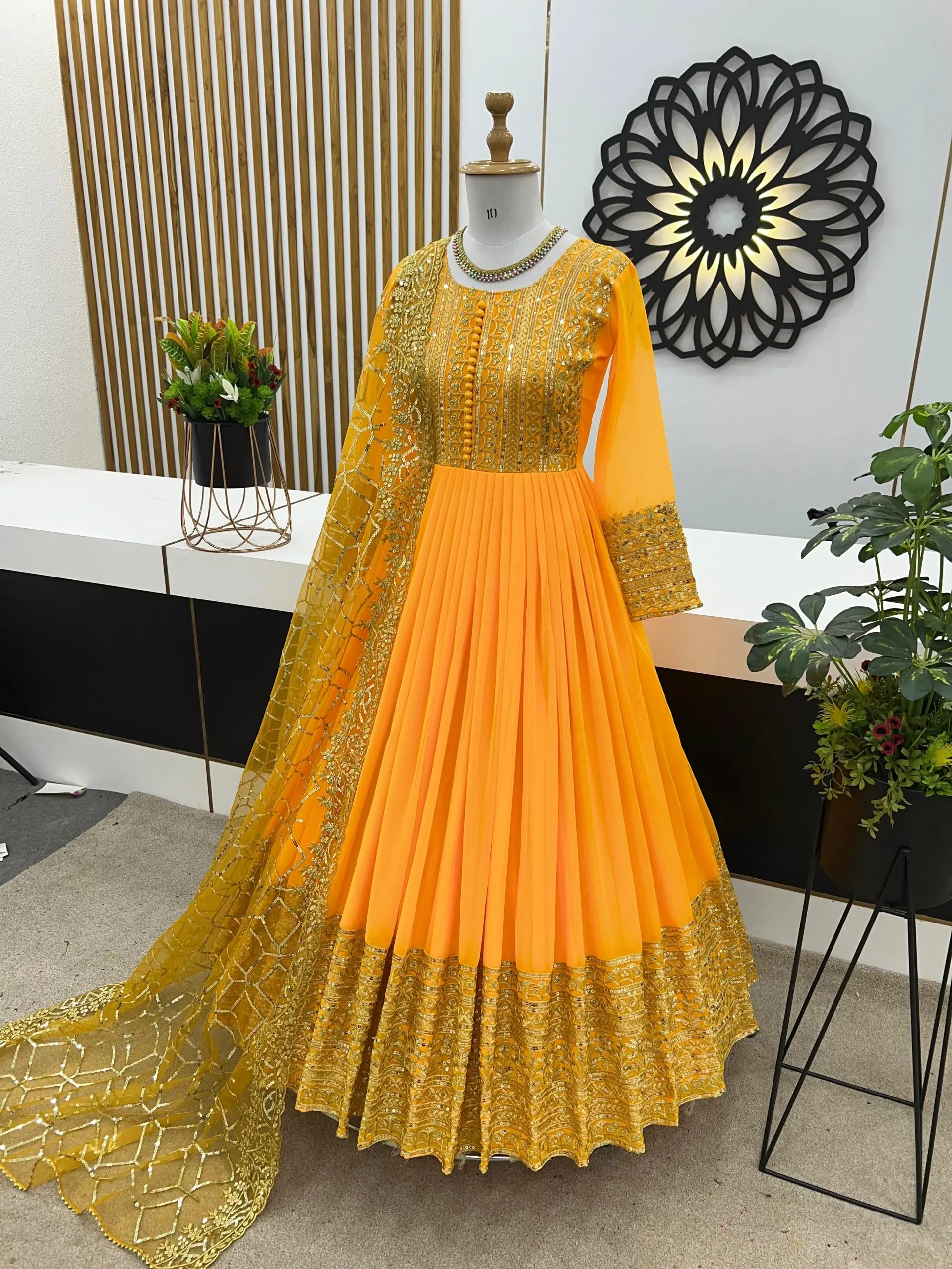 Elegant Yellow Color Georgette Embroidery Sequence Work Gown