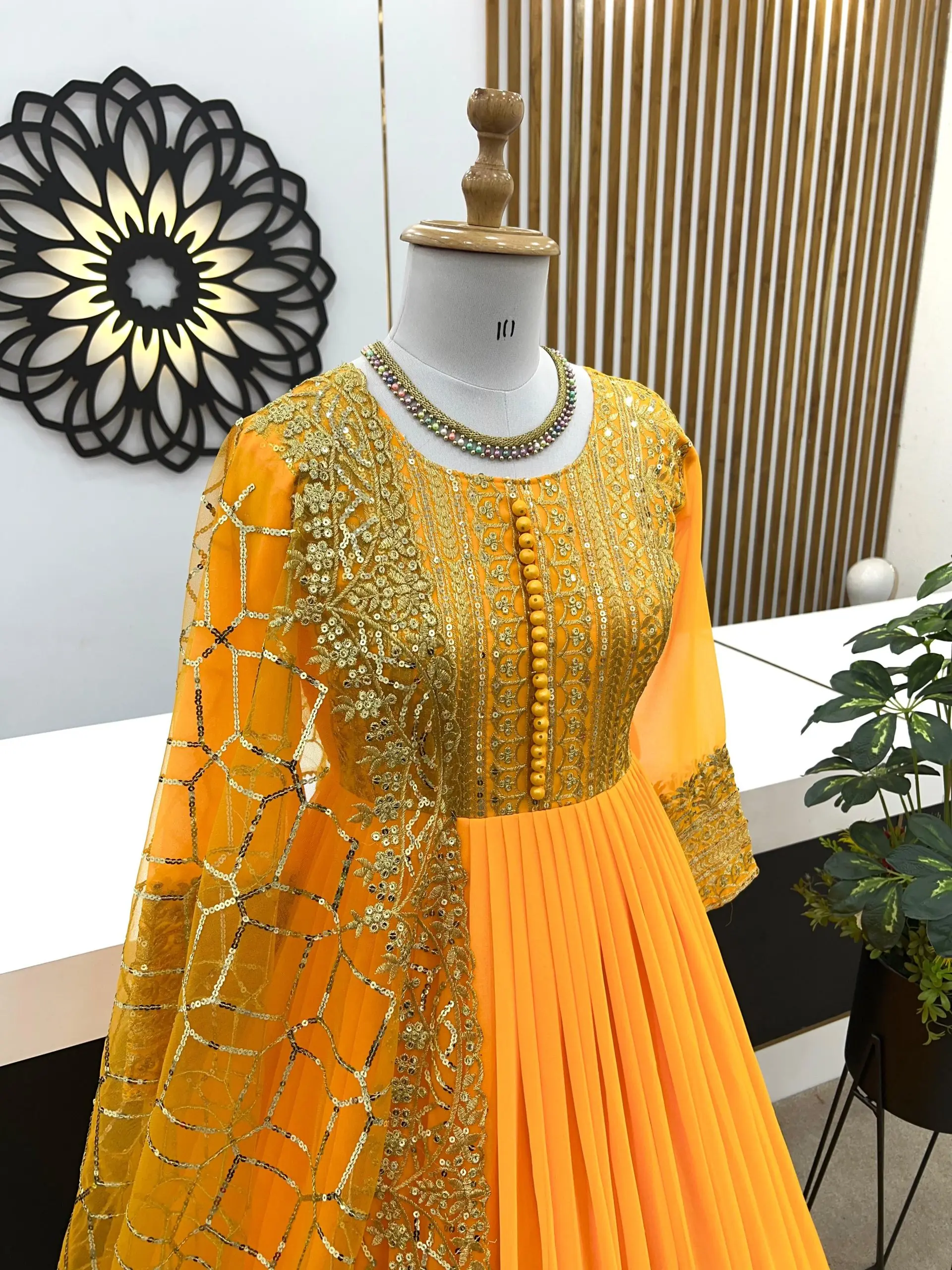Elegant Yellow Color Georgette Embroidery Sequence Work Gown