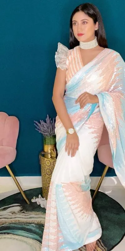 Stylish White Color Soft georgette shaded sequence work Saree