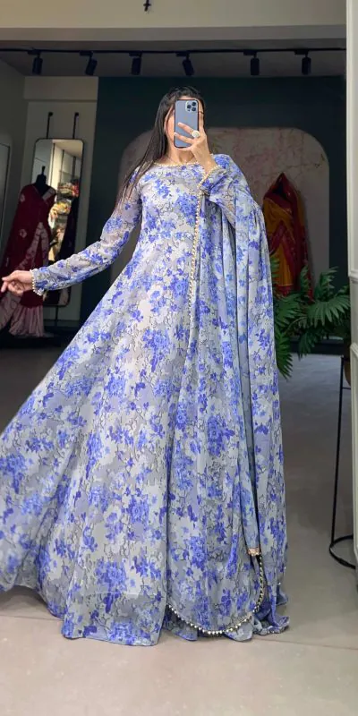 Beautiful Voilet Color Georgette Floral Printed Party Wear Gown