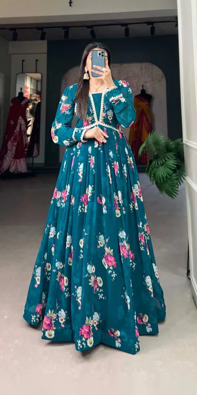 Classic Pine Green Color Exquisite Floral Print Georgette Party Wear Gown