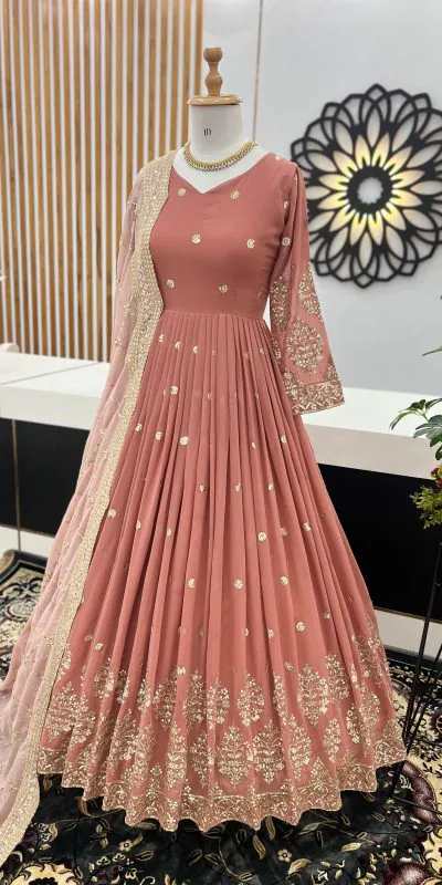Graceful Peach Color Georgette Embroidery Sequence Work Gown
