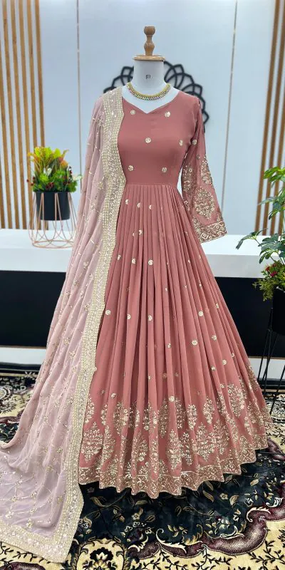 Graceful Peach Color Georgette Embroidery Sequence Work Gown