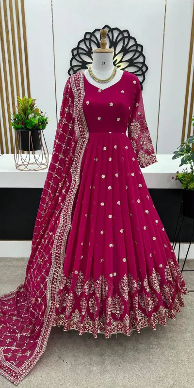 Graceful Rani Pink Color Georgette Embroidery Sequence Work Gown