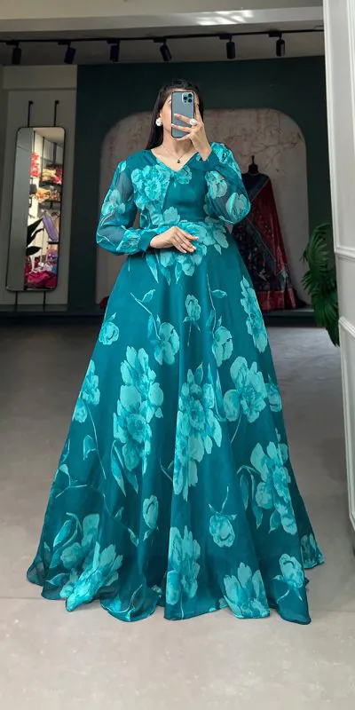 Stunning Pine Green Color Chiffon Floral Printed Party Wear Gown