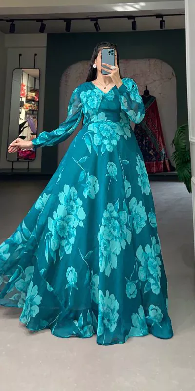 Stunning Pine Green Color Chiffon Floral Printed Party Wear Gown