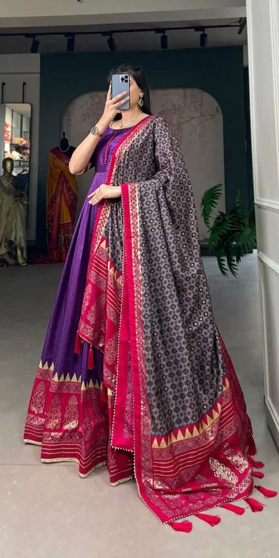 Traditional Wear Purple Color Tussar Silk Foil Printed Gown