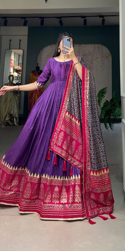 Traditional Wear Purple Color Tussar Silk Foil Printed Gown
