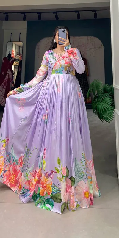 Wanted Purple Color The timeless charm of tussah silk meets the delicate beauty of floral prints in this enchanting gown