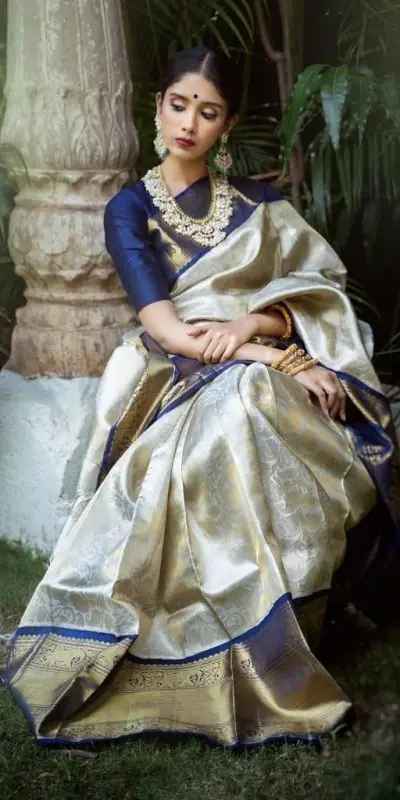 Artful White & Blue Color Soft Lichi Silk Jacquard Work Saree