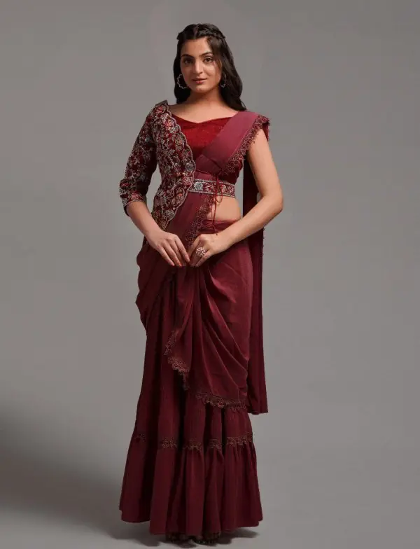 Fancy Maroon Color Diamond Georgette Free Size Stitching Saree