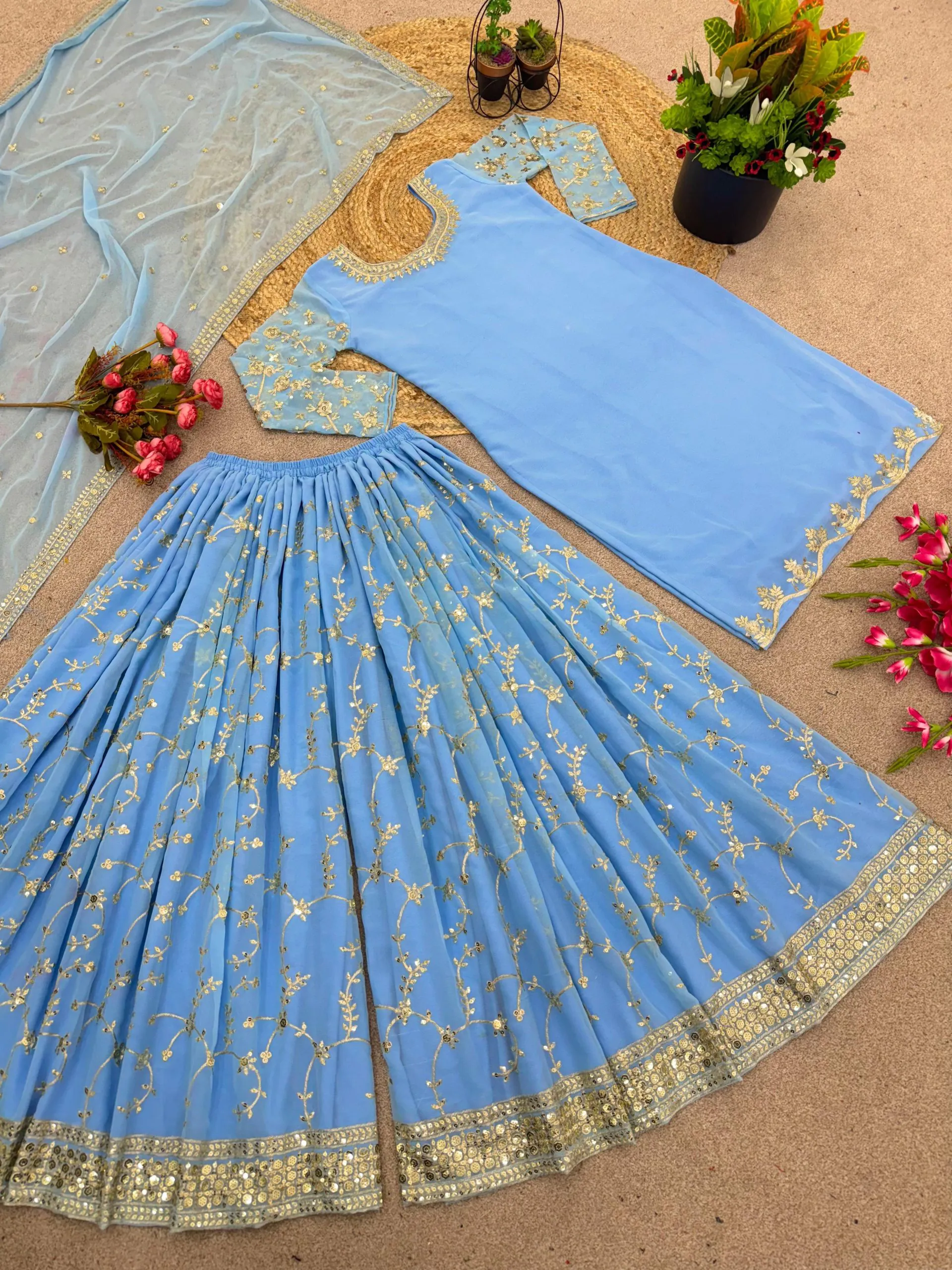 Sky Blue Georgette Embroidery Sequence Salwar Suit - Image 2