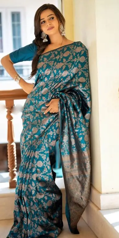 Pretty Peacock Blue Color Soft Lichi Silk Ordinary Design Saree Royal Anarkali