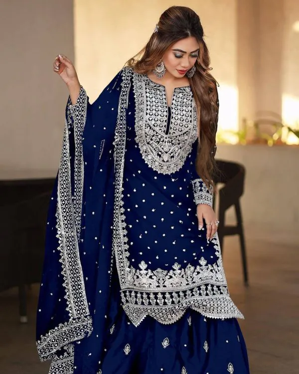 Pretty Royal Blue Color Georgette Embroidery Sequence Salwar Suit