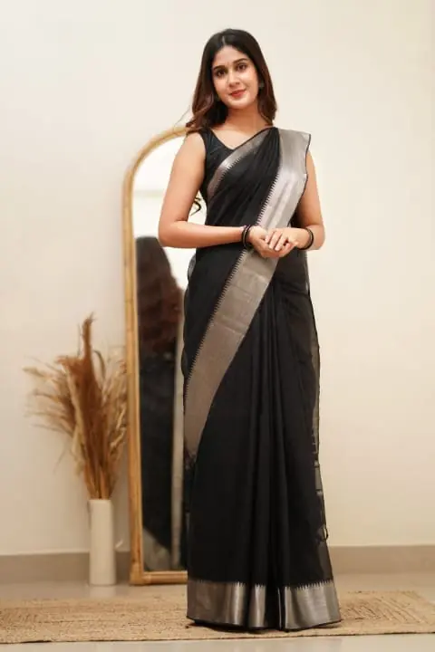 Silver Black Banarasi Soft Silk Ordinary Design Saree - Image 4
