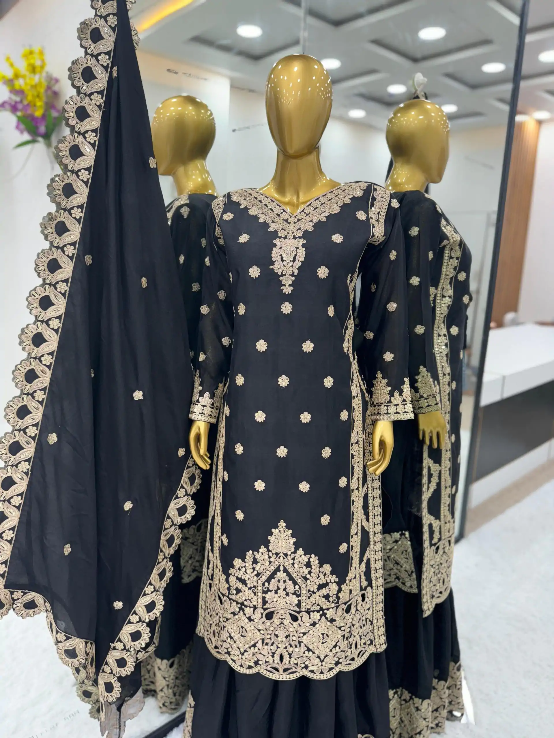 Aglow Black Color Pure Chinnon Silk Embroidery Salwar Suit
