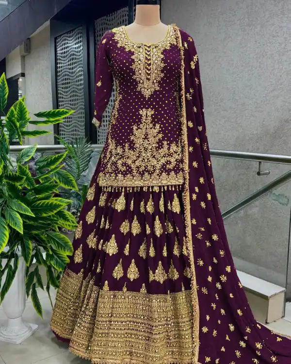 Captivating Wine Color Chinnon Silk Embroidery Lehenga Choli