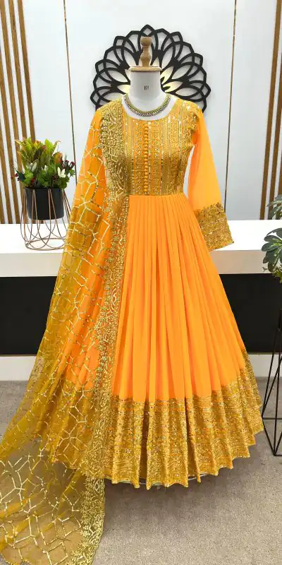 Elegant Yellow Color Georgette Embroidery Sequence Work Gown