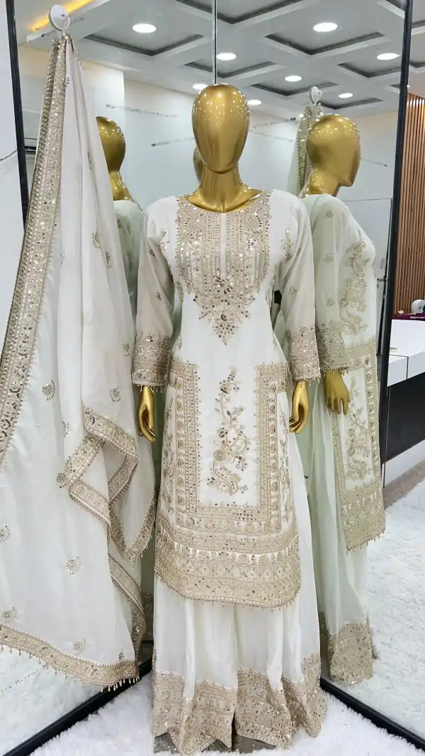 Fancy White Chinnon Silk Embroidery Coding Dori Salwar Suit