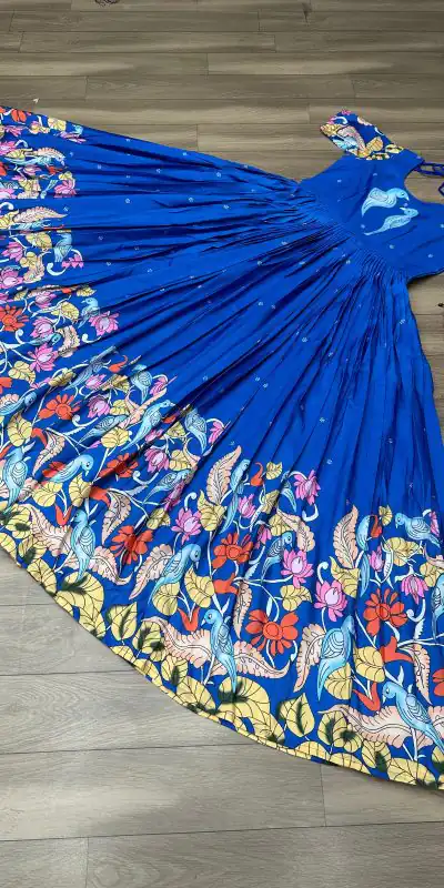 Glamorous Blue Color Chant Crepe Kalamkari Printed Gown