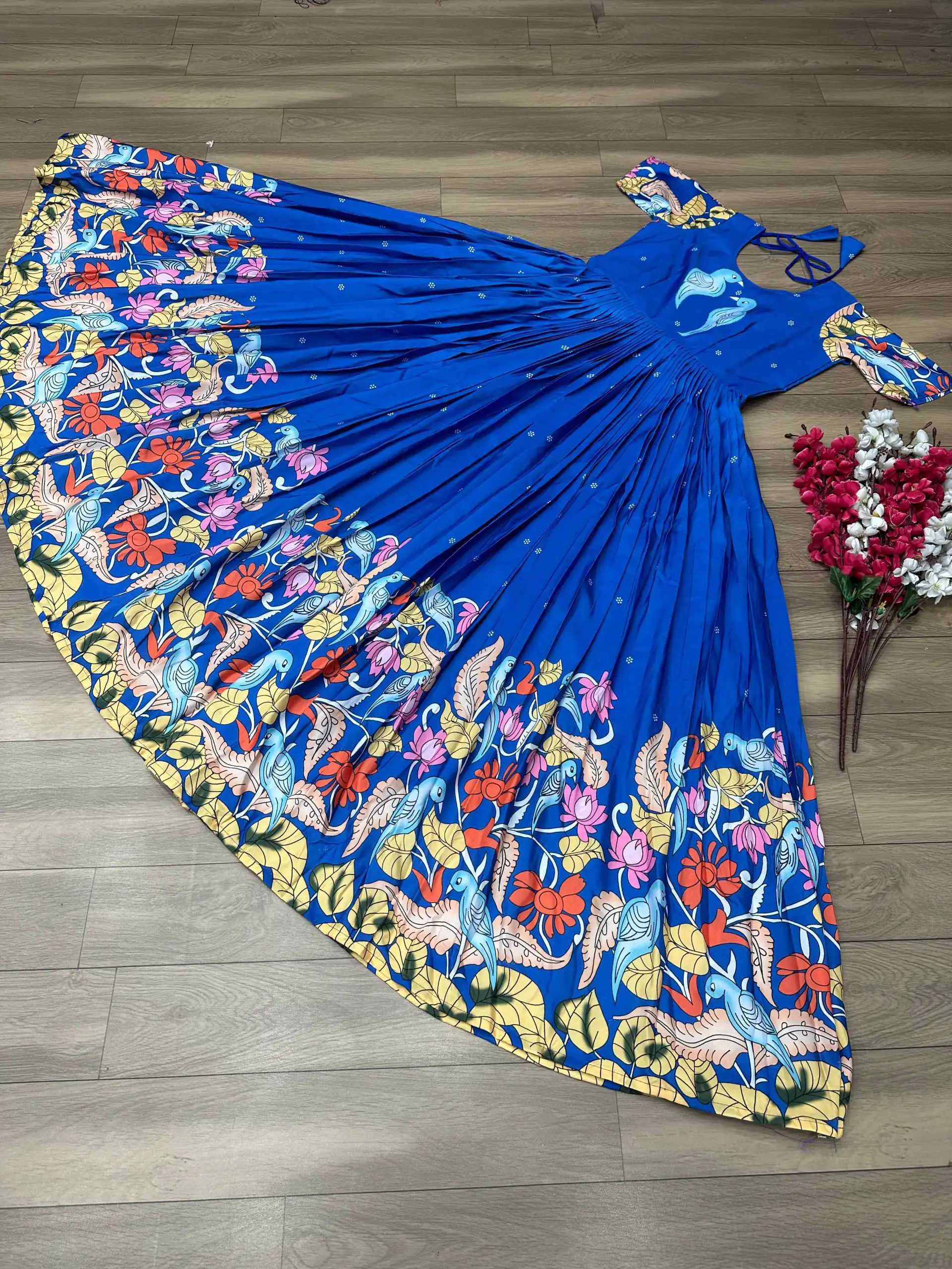 Glamorous Blue Color Chant Crepe Kalamkari Printed Gown