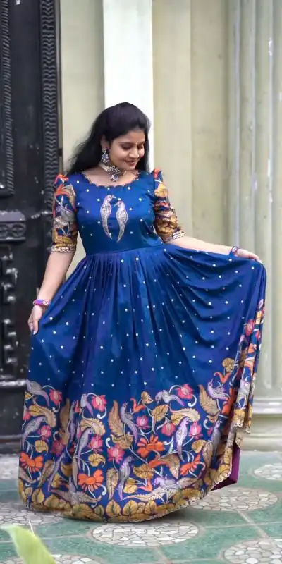 Glamorous Blue Color Chant Crepe Kalamkari Printed Gown