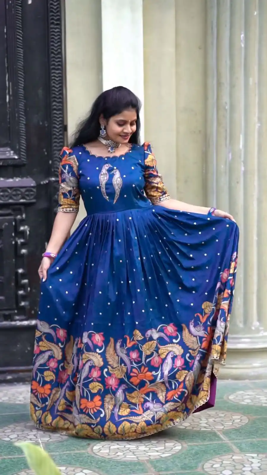 Glamorous Blue Color Chant Crepe Kalamkari Printed Gown