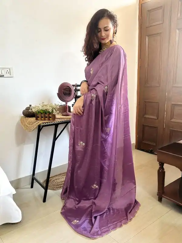 Grand Purple Color Soft Chinnon Hand Work Flower Design Saree