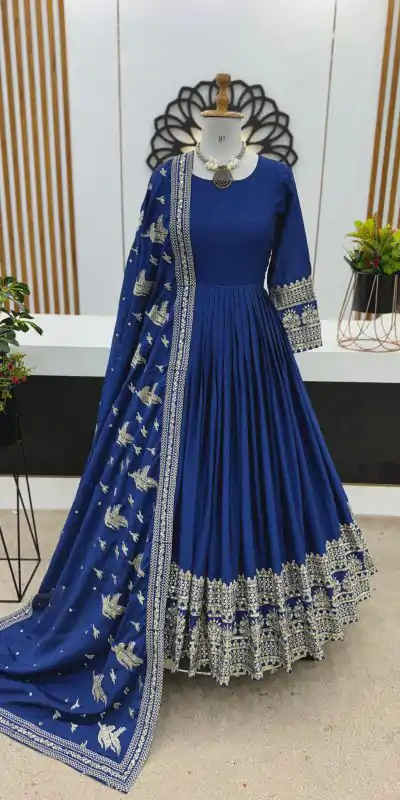 Nice Royal Blue Color Chinon Silk Embroidery Sequence Gown