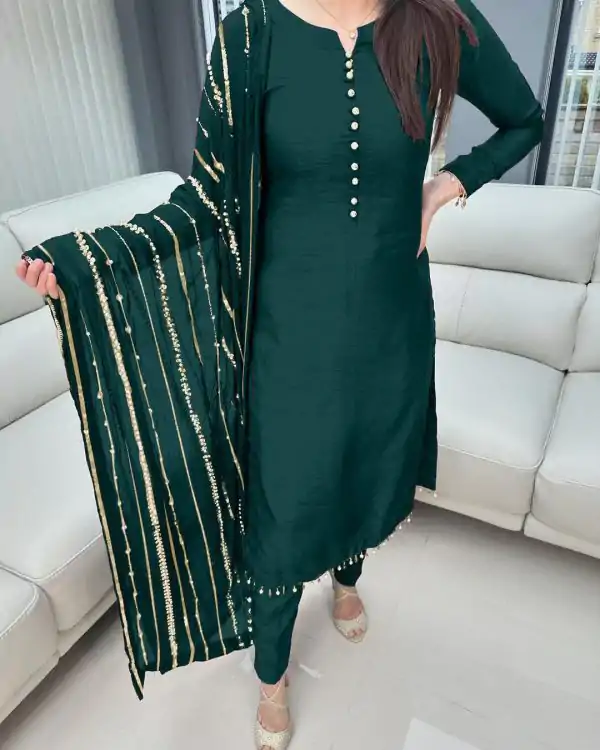 Aglow Green Chinnon Silk Embroidery Coding Dori Salwar Suit