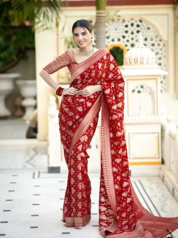 Beautiful Red Color Soft Lichi Silk Jacquard All Over Work Saree