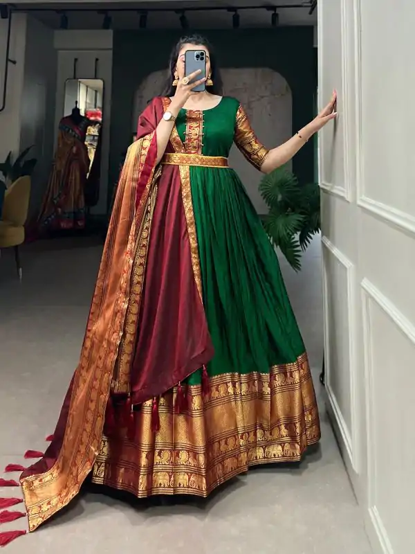 Dazzling Green Color Narayan Pet Zari Weaving Work Gown