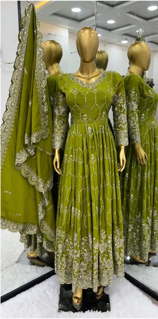 Aglow Green Color Chinnon Silk Embroidery Sequence Gown