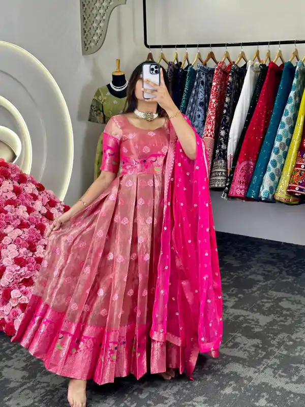 Aglow Pink Color Kota Silk Weaving Jacquard Gown