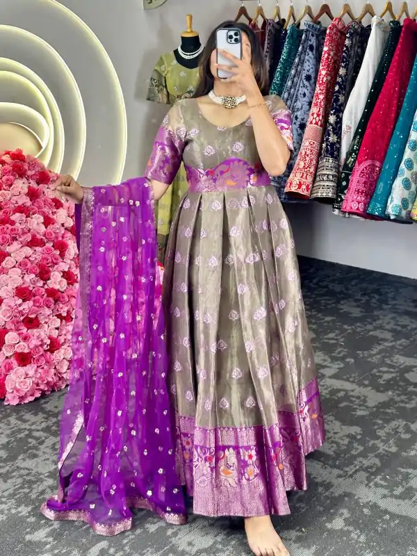 Aglow Purple Color Kota Silk Weaving Jacquard Gown