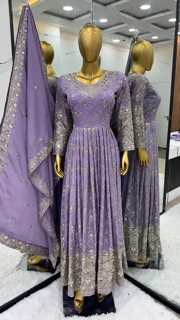 Aglow Violet Color Chinnon Silk Embroidery Sequence Gown