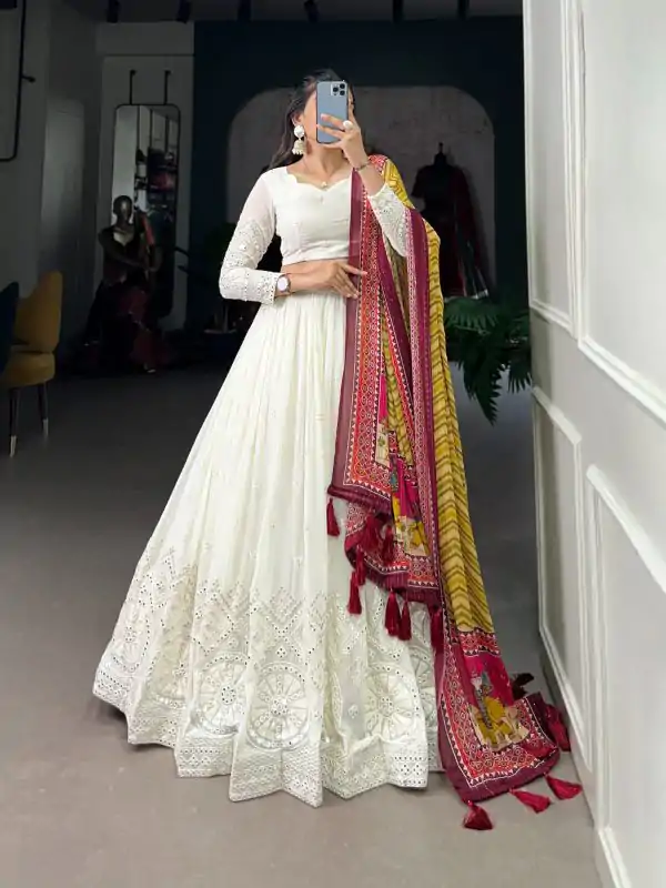 Aglow White Color Georgette Lucknowi Paper Mirror Lehenga Choli