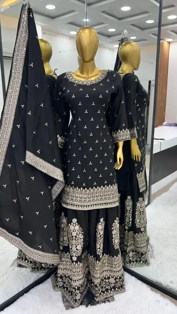 Artful Black Color Chinon Silk Malty Embroidery Sharara Suit