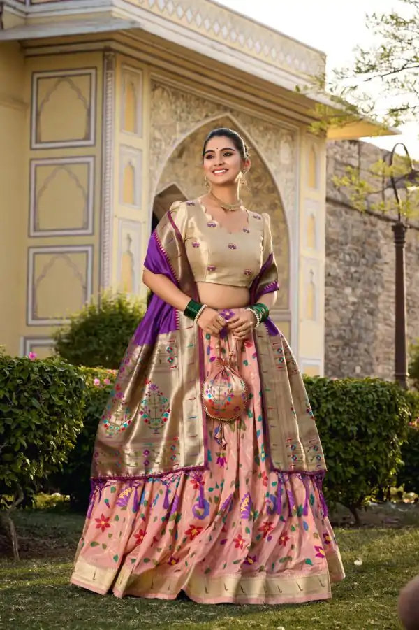 Artful Peach Color Jacquard Silk Weaving Zari Lehenga Choli