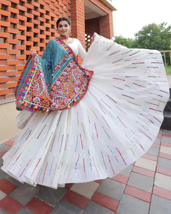 Beautiful White Color Crepe Printed Real Mirror Work Lehenga Choli