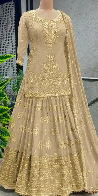 Captivating Gold Color Chinnon Silk Embroidery Lehenga Choli