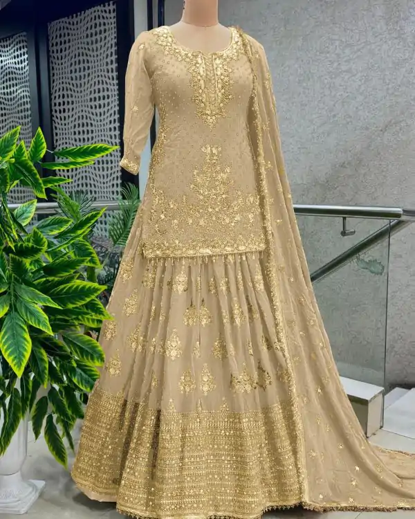 Captivating Gold Color Chinnon Silk Embroidery Lehenga Choli