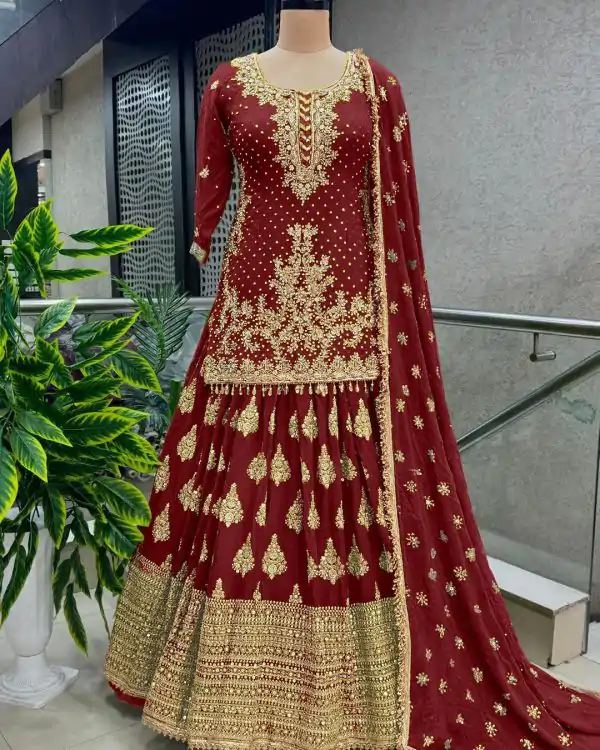 Captivating Red Color Chinnon Silk Embroidery Lehenga Choli